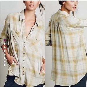 Free People Yellow Plaid Button Down Shirt